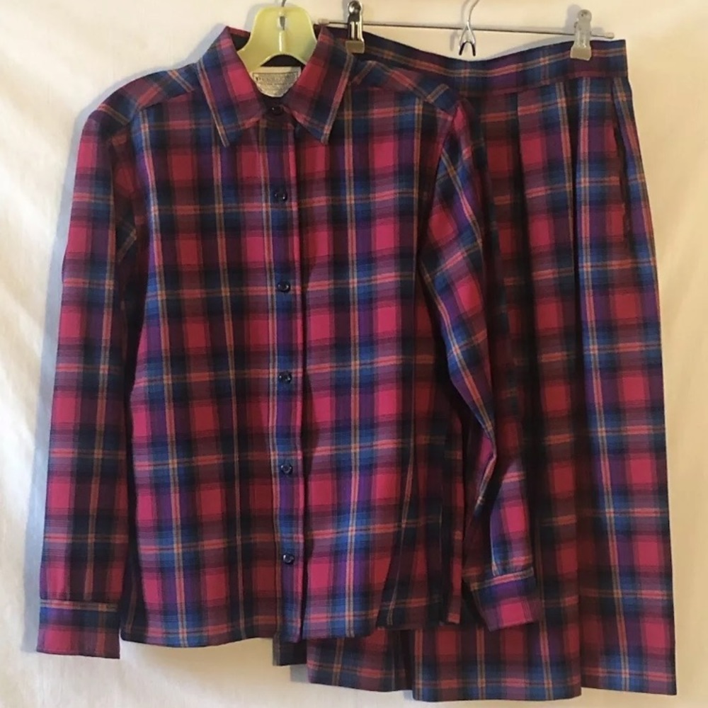 Vtg Pendleton Womens Sm 2 Pc Skirt Set Pink Purple Plaid Long Sleeve Button Up